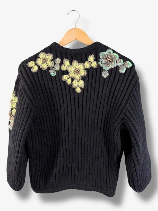 Zara Limited Edition Sequin Sweater Size S Black Ribbed Knit Beaded Floral - Picture 11 of 13